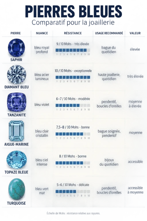 Pierres bleues bijoux : comparaison du saphir, de l'aigue-marine, de la tanzanite, de la topaze bleue et de la turquoise