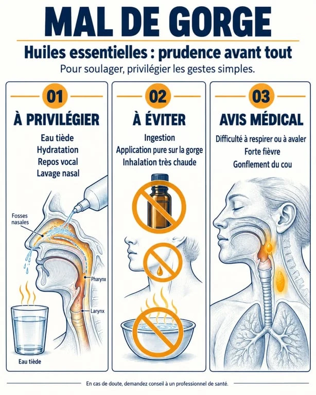 Huiles essentielles mal de gorge : usages prudents, mesures simples et signaux d’alerte
