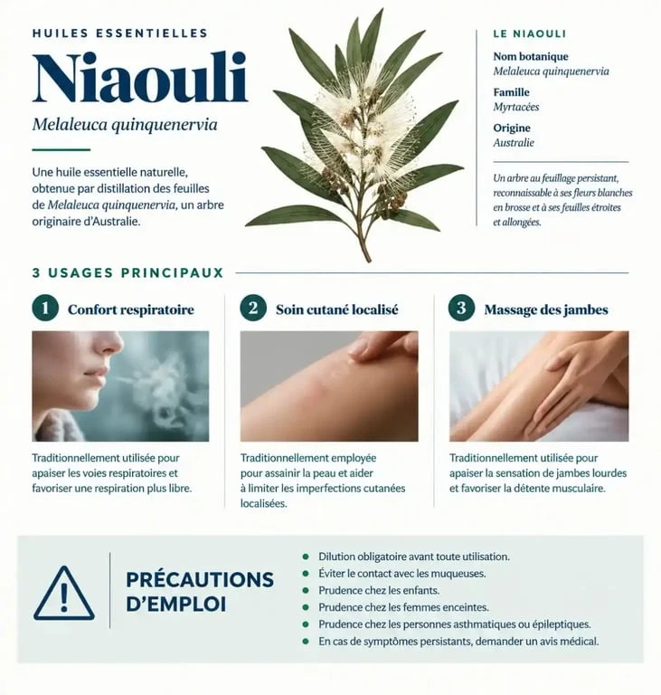 Infographie sur les huiles essentielles niaouli : usages, modes d’application et précautions de sécurité