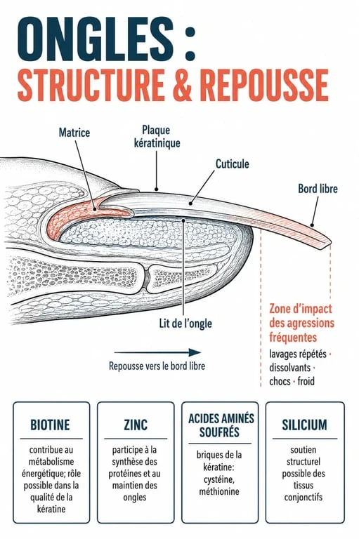 Complément alimentaire ongles : schéma de la structure de l’ongle et rôle de la biotine, du zinc et des acides aminés