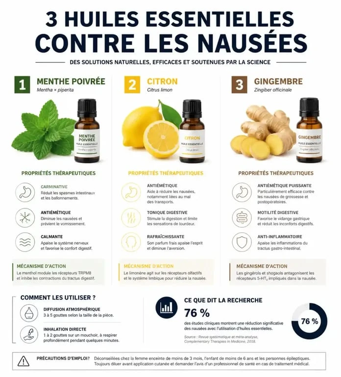 Infographie des huiles essentielles contre les nausées : menthe poivrée, citron et gingembre