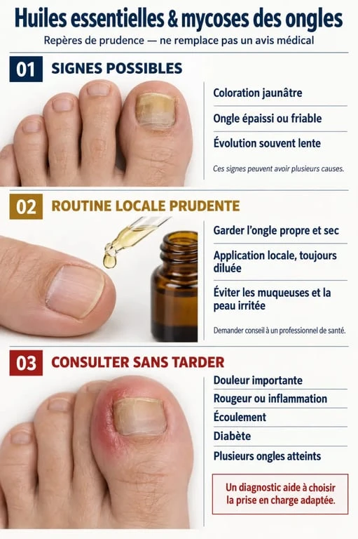 Infographie sur les huiles essentielles pour mycoses des ongles : application prudente et signes nécessitant une consultation