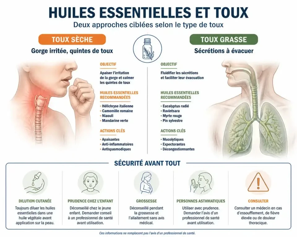 Huiles essentielles pour la toux : distinction entre toux sèche, toux grasse et précautions de sécurité