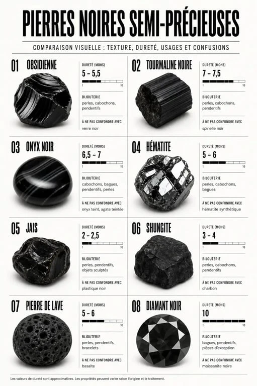 Infographie sur les pierres noires semi précieuses avec comparaison des principales pierres, de leur dureté et de leur usage