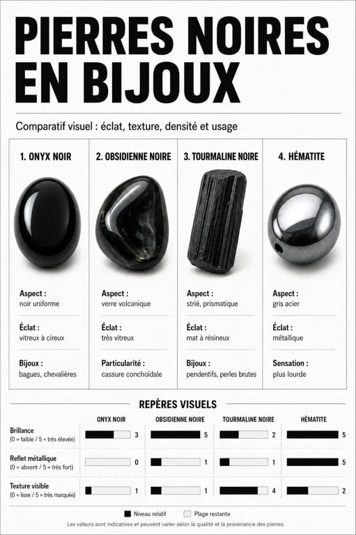 Comparatif des pierres noires bijoux : onyx noir, obsidienne noire, tourmaline noire et hématite