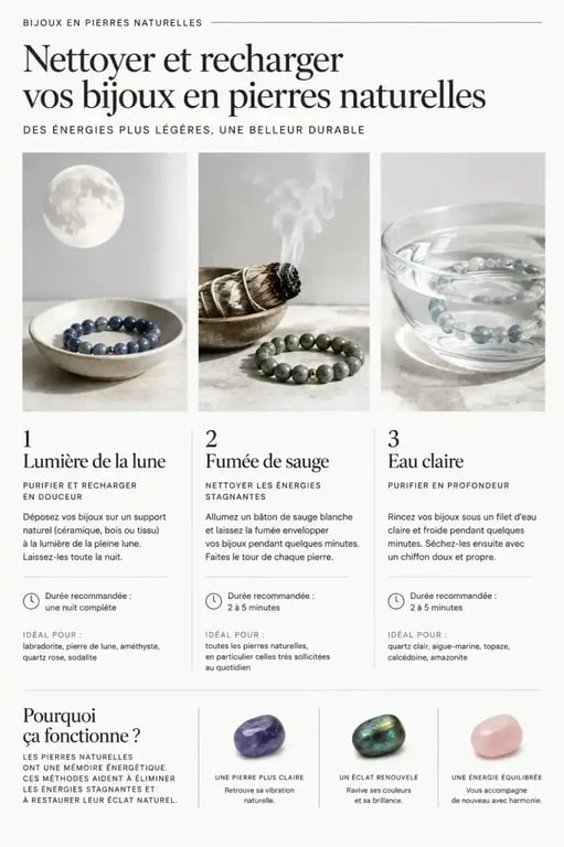 Guide visuel pour nettoyer et recharger ses bijoux en lithothérapie