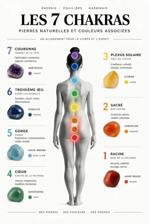 Infographie des 7 chakras et pierres associées pour bijoux lithothérapie