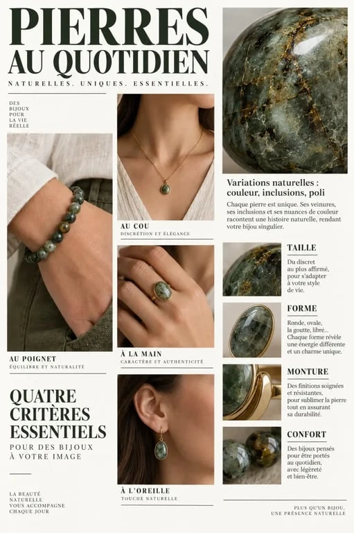 Bijoux en pierres naturelles portés au quotidien avec différentes formes, couleurs et montures