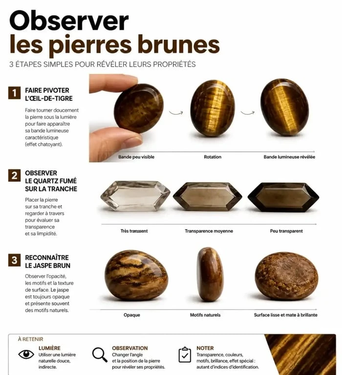 Observation et identification de pierres semi précieuses marron à la lumière