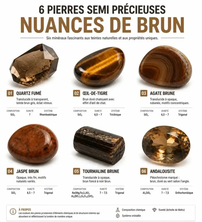 Pierres semi précieuses marron : quartz fumé, œil-de-tigre, agate, jaspe, tourmaline et andalousite