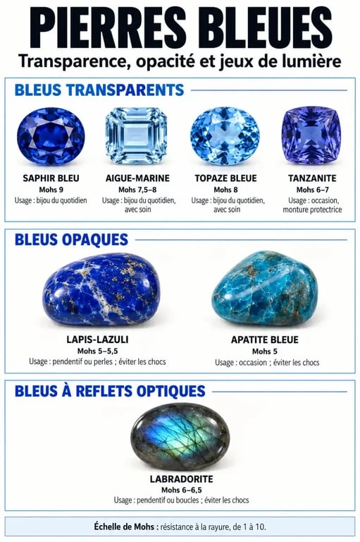 Infographie comparative des pierres semi précieuses bleues et de leur dureté