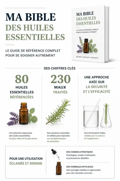 Infographie des statistiques clés du livre Ma bible des huiles essentielles de Danièle Festy