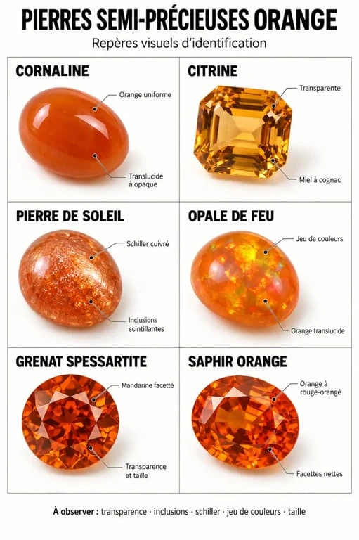 Infographie comparative des pierres semi précieuses orange et de leurs effets visuels