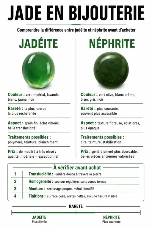 Pierres de jade bijoux : infographie comparant jadéite et néphrite avec repères de prix et critères de qualité