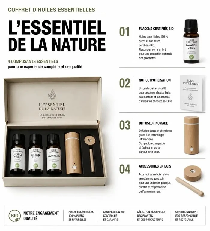 Composition d'un coffret huiles essentielles de qualité avec accessoires et certifications