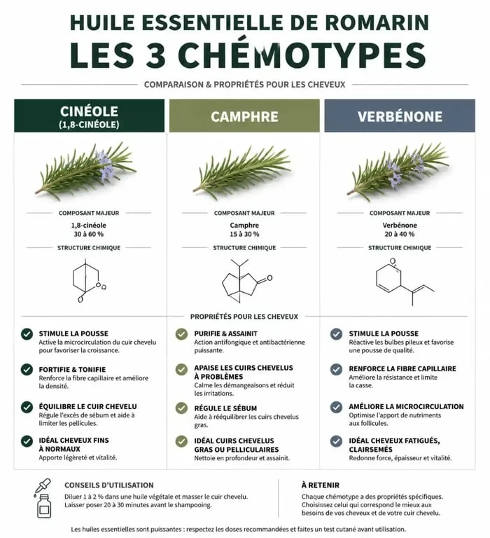 Comparatif des chémotypes d'huile essentielle de romarin pour les cheveux