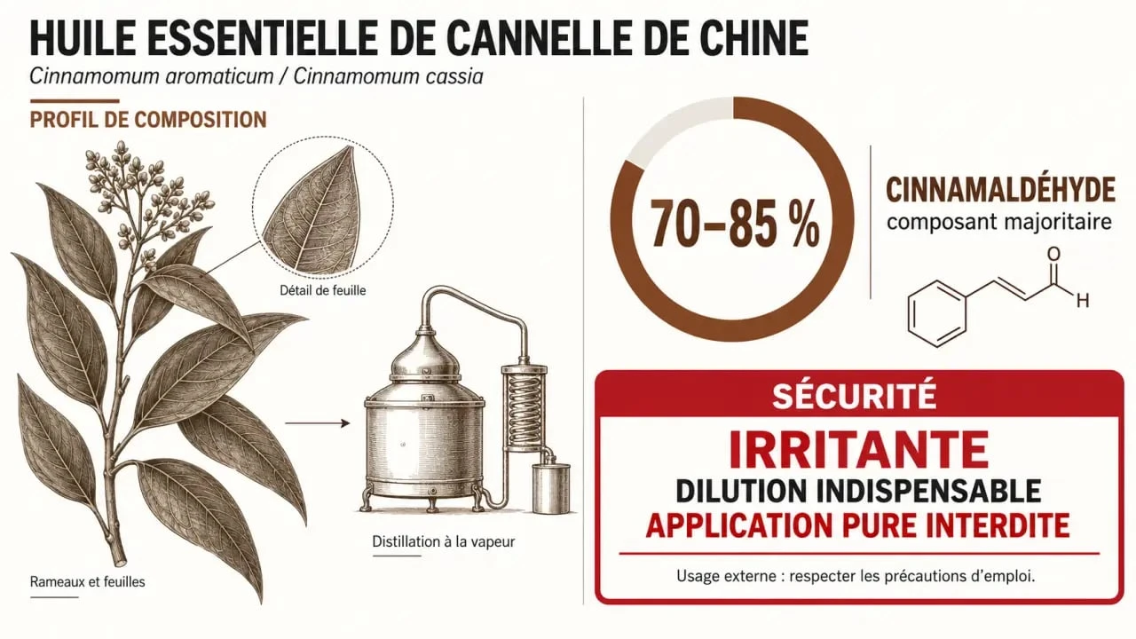 Infographie sur les huiles essentielles cannelle de chine, leur teneur en cinnamaldéhyde et leurs précautions d’utilisation