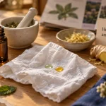 Huiles essentielles nausées : gouttes menthe poivrée et citron sur mouchoir