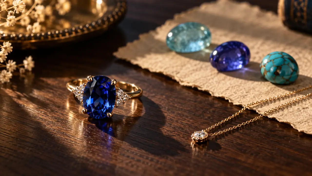 Pierres bleues bijoux : saphir bleu sur bague, reflets profonds