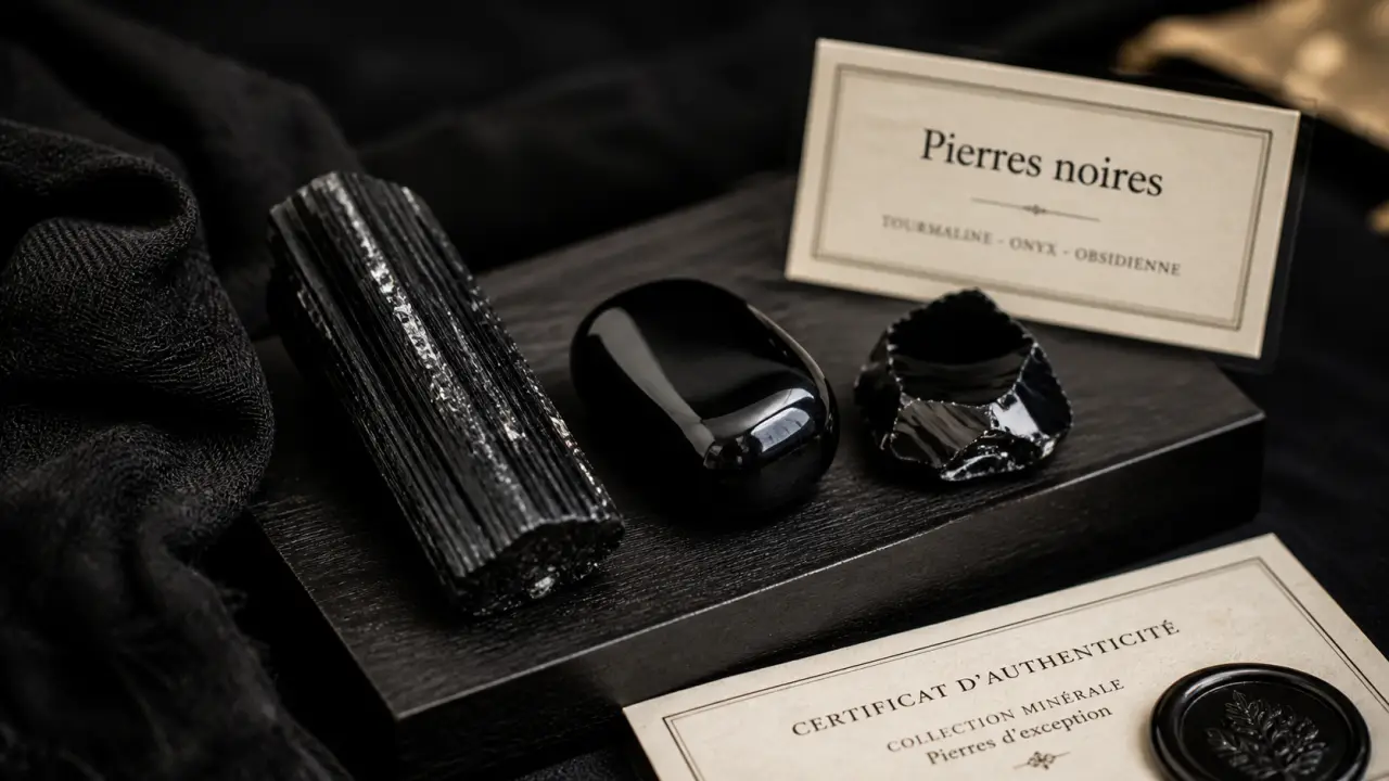 Pierres noires semi précieuses : obsidienne, onyx et tourmaline noire sur présentoir