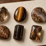 Pierres semi précieuses marron : quartz fumé, œil-de-tigre et agate sur table en bois
