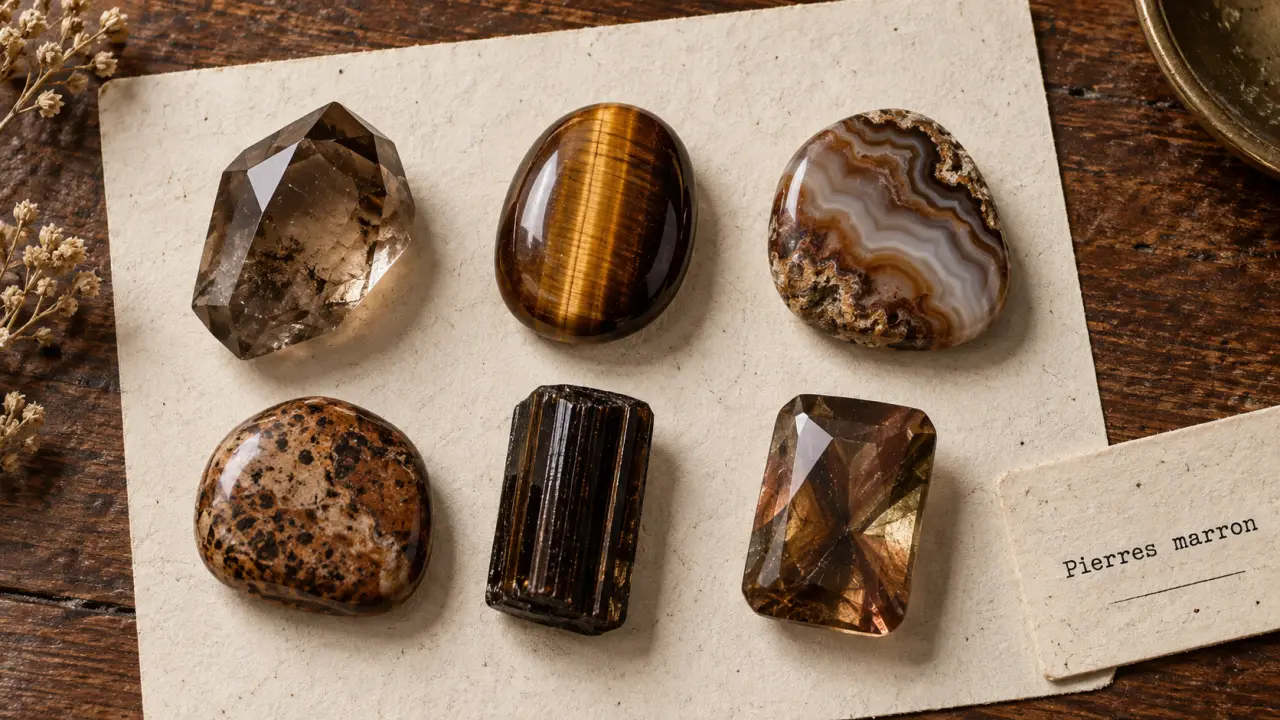 Pierres semi précieuses marron : quartz fumé, œil-de-tigre et agate sur table en bois