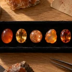 Pierres semi précieuses orange sur velours noir : cornaline, citrine, pierre de soleil, opale de feu