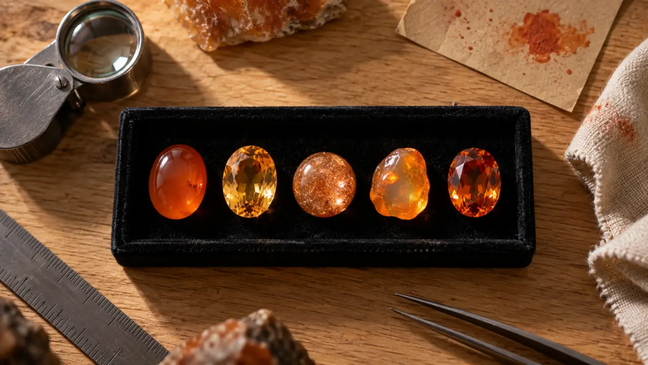 Pierres semi précieuses orange sur velours noir : cornaline, citrine, pierre de soleil, opale de feu