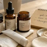 Soins bebe bio : flacons et crème sur table en bois, routine dès la naissance