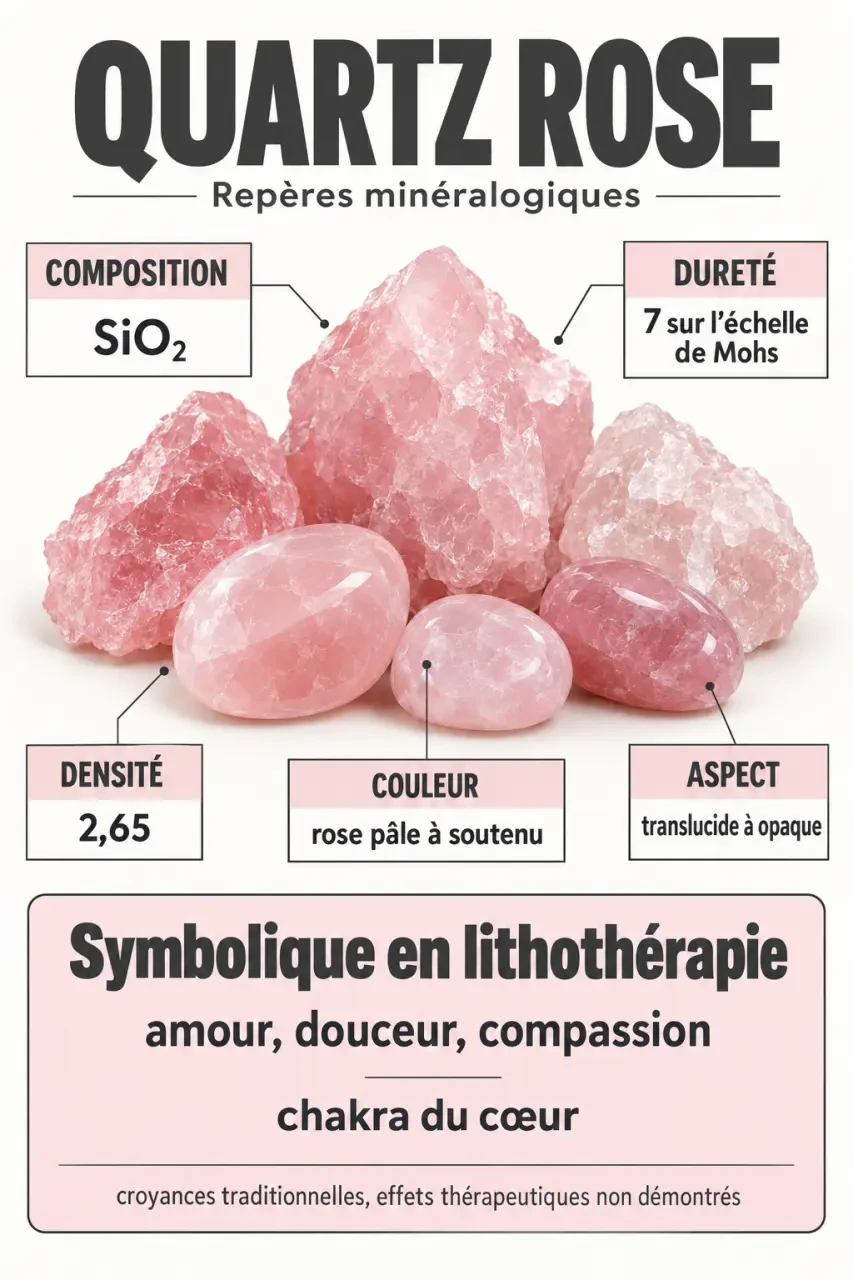 Infographie sur la lithothérapie quartz rose, ses propriétés minéralogiques et sa symbolique du chakra du cœur