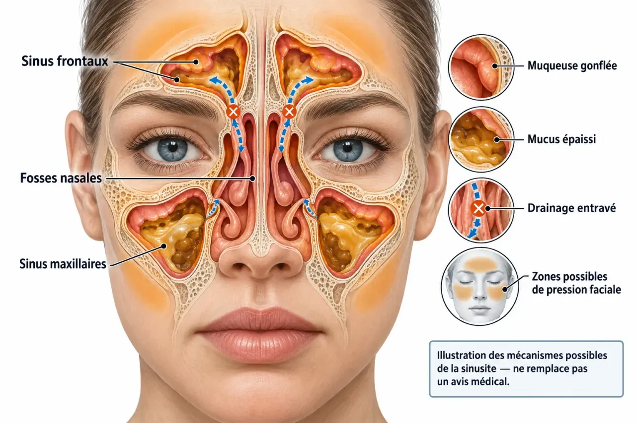 Schéma de la sinusite et huiles essentielles montrant les sinus frontaux et maxillaires, la congestion et le drainage du mucus