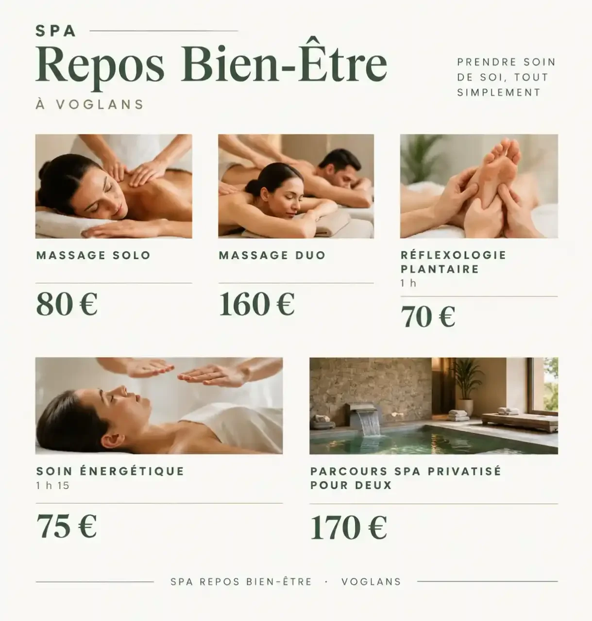 Tarifs des prestations du spa repos bien être à Voglans : massages, réflexologie, soin énergétique et spa privatisé