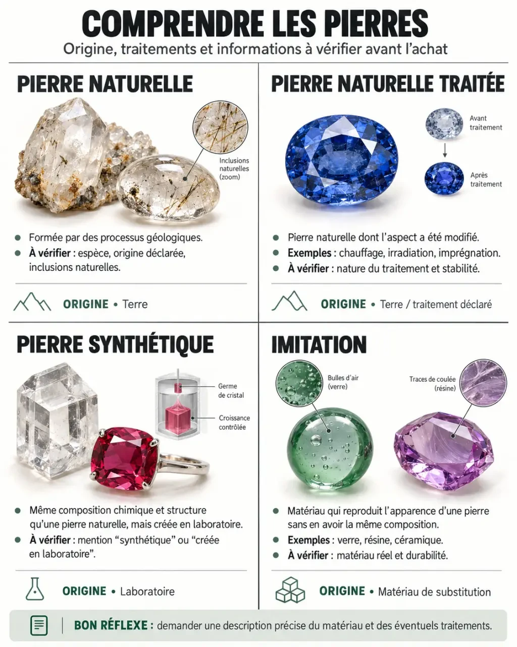 Infographie pour reconnaître un site sérieux de lithothérapie et distinguer pierre naturelle, pierre traitée, synthétique et imitation