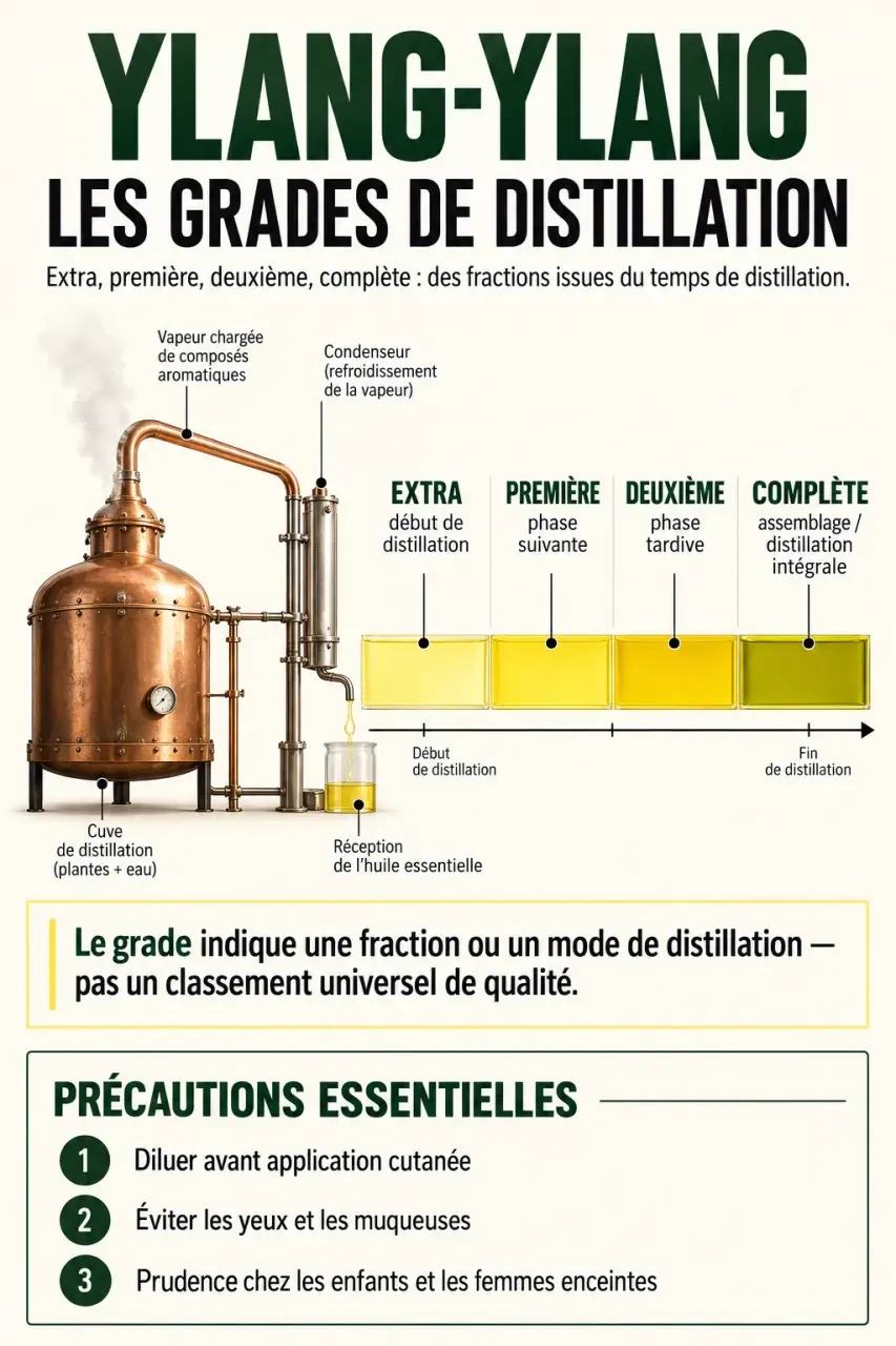 Infographie sur les huiles essentielles d’ylang ylang, leurs grades de distillation et les principales précautions