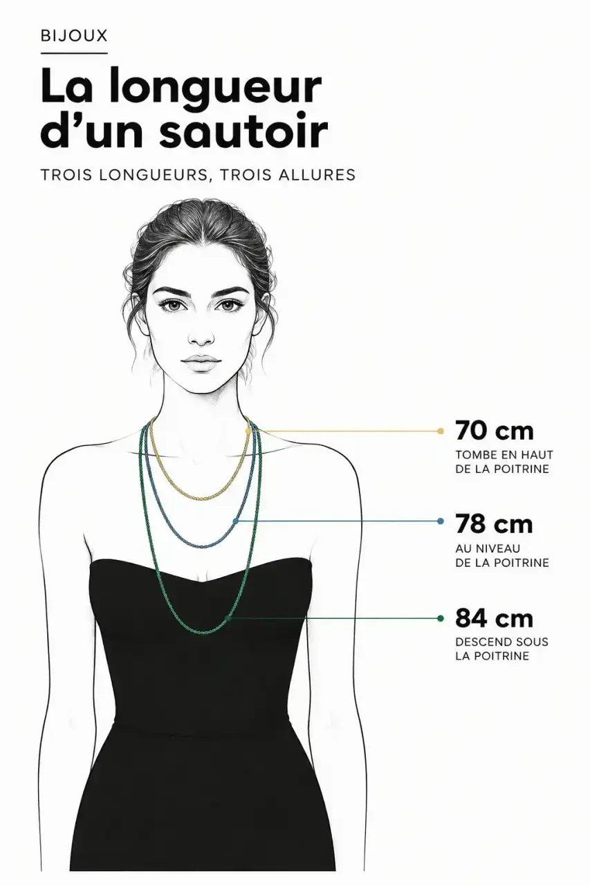 Schéma comparant les longueurs de 70, 78 et 84 cm d'un sautoir en pierres naturelles sur une silhouette
