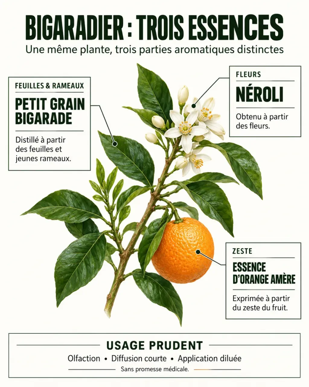 Infographie sur les huiles essentielles de petit grain bigarade et les différences avec le néroli et l’orange amère