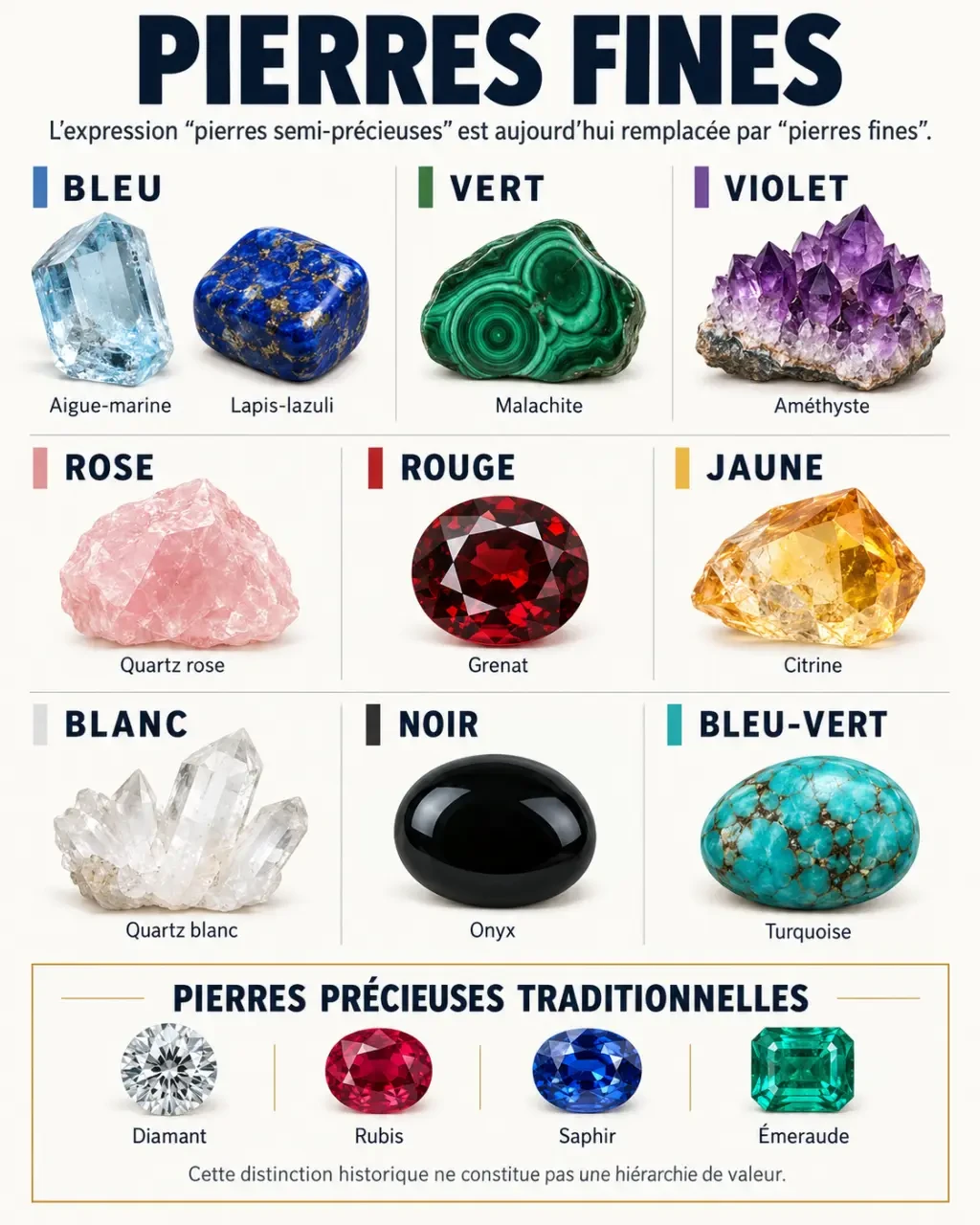 Infographie de la liste des pierres semi-précieuses classées par couleur et comparées aux quatre pierres précieuses
