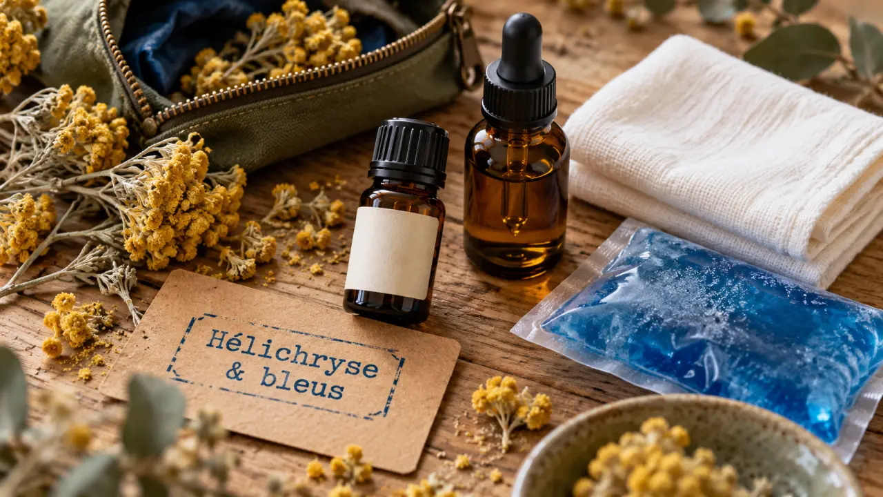 Huiles essentielles hélichryse : fiole et gel froid pour bleus