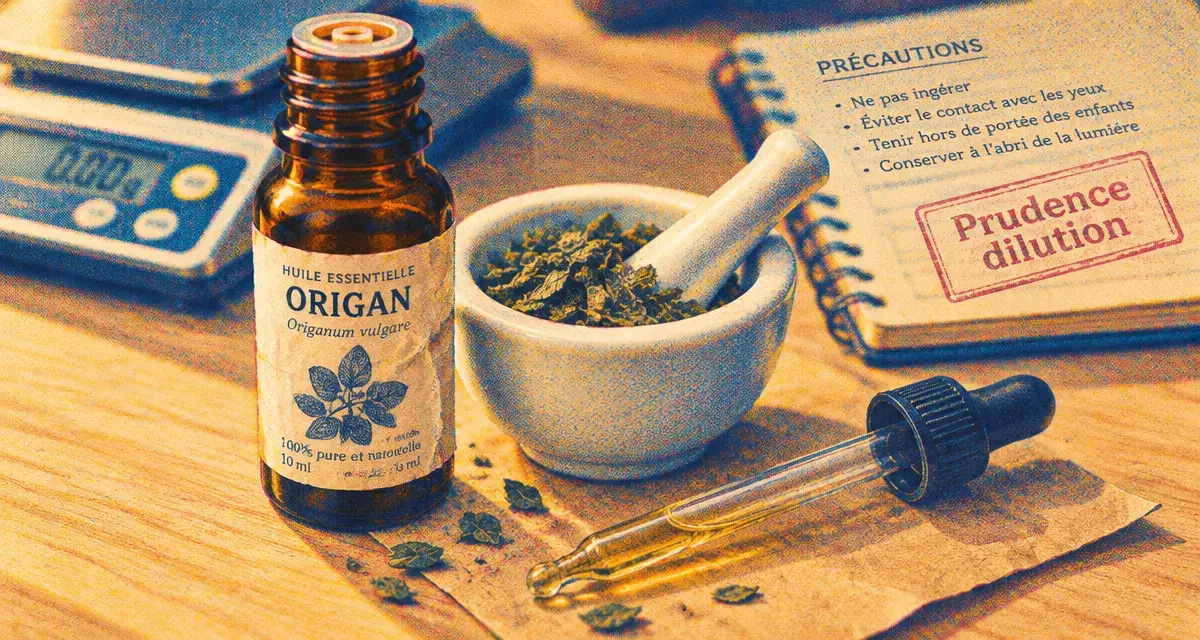 Huiles essentielles origan et précautions de dilution, flacon et feuilles d’origan