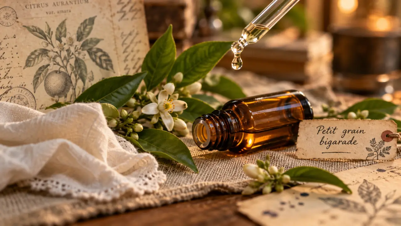 Huiles essentielles petit grain bigarade : détente et peau grasse, flacon d’huile ouverte