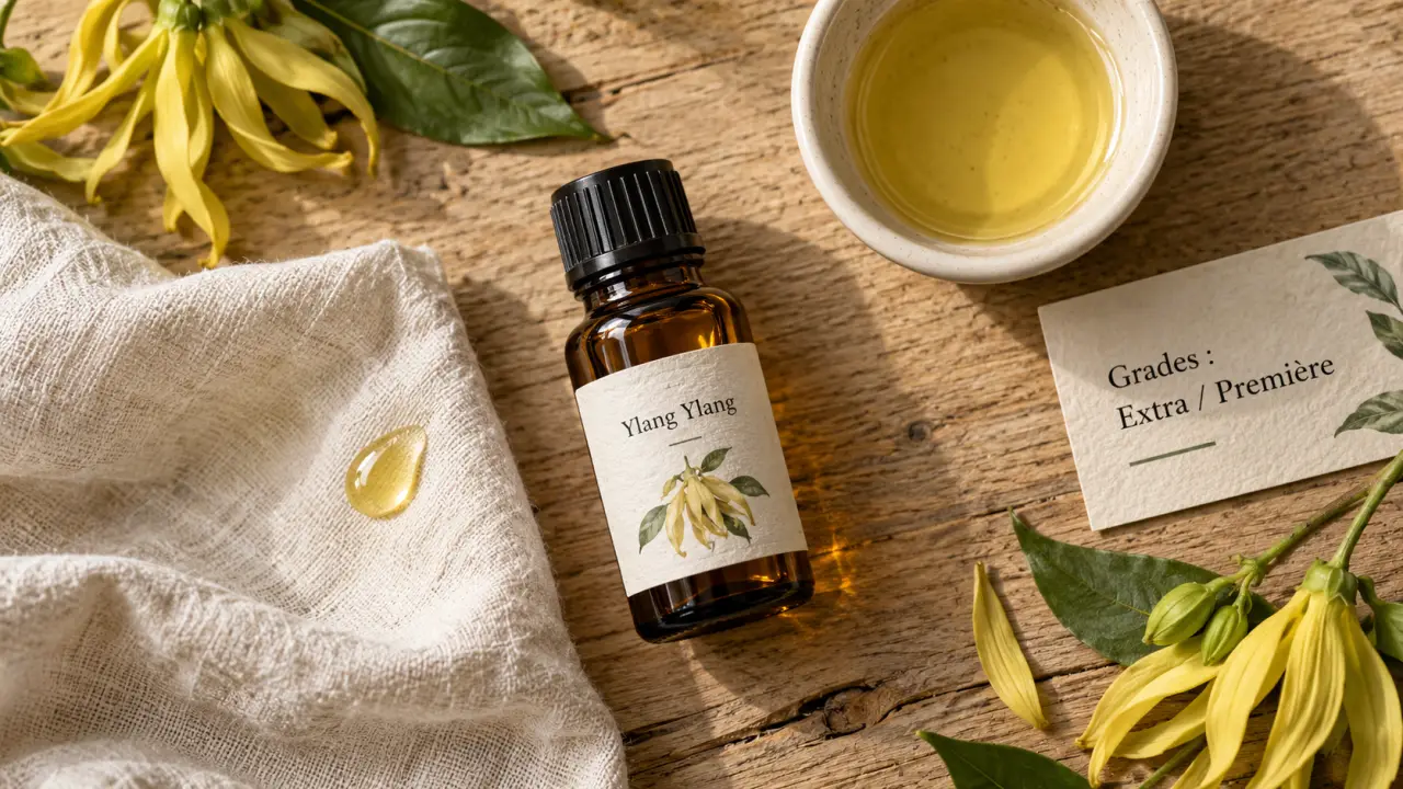 Huiles essentielles ylang ylang, flacon et dilution sur table en bois