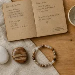 L aurore céleste boutique esotérique lithothérapie : pierres et bracelet en flat-lay sur table