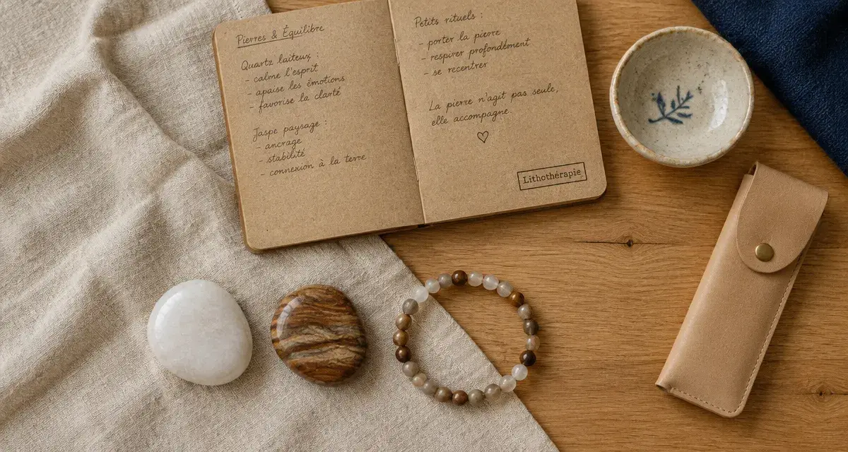 L aurore céleste boutique esotérique lithothérapie : pierres et bracelet en flat-lay sur table