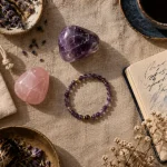 Lithothérapie des pierres : améthyste et quartz rose sur table