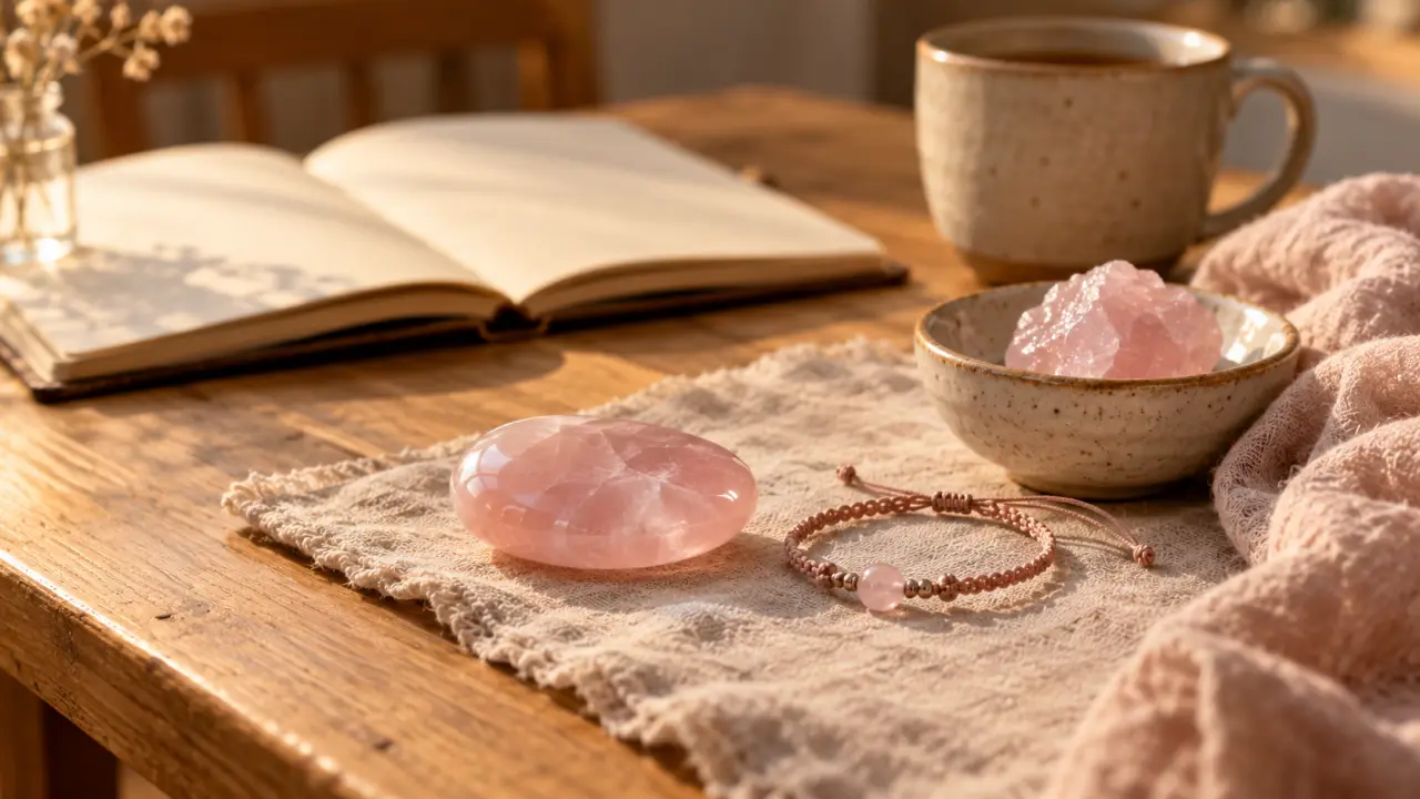 lithothérapie quartz rose, quartz rose poli et bracelet sur lin