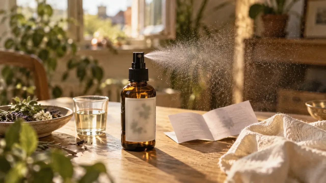 Spray huiles essentielles sur table, fenêtre entrouverte, air intérieur